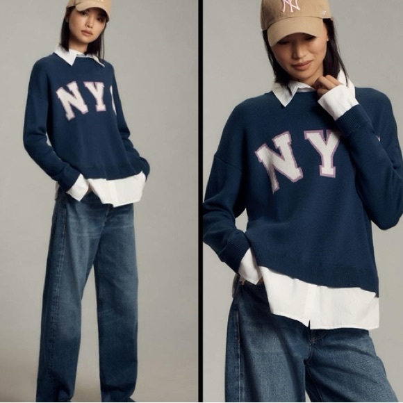 Maeve Anthropologie NYC Graphic Twofer Sweater Shirt Oversized Blue Size S - Picture 3 of 13